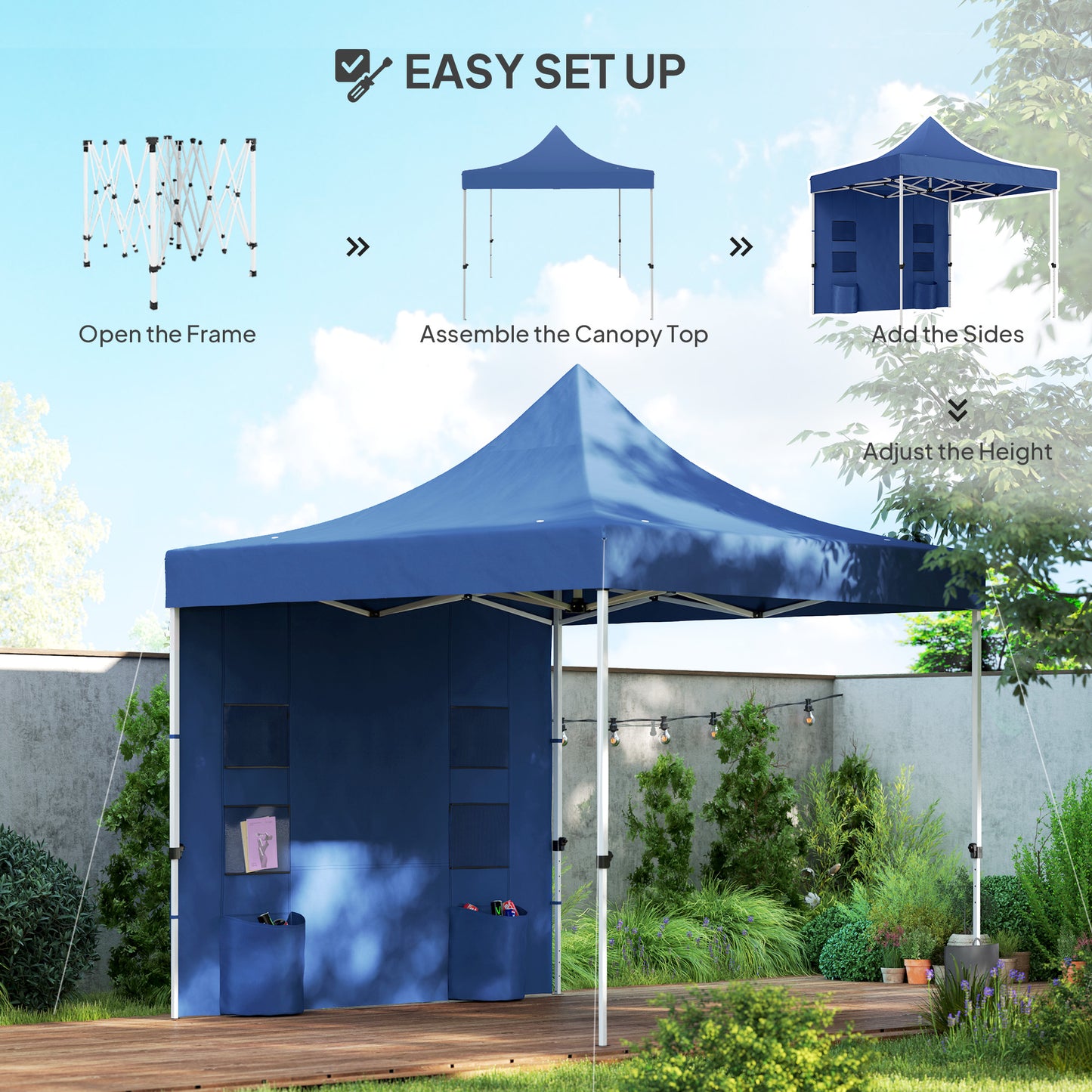 10x10 Heavy Duty Pop Up Canopy Tent with Sidewall - Dark Blue