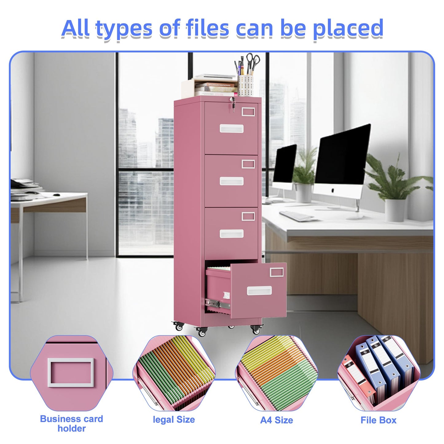 4 Drawer Lockable File Cabinet on Wheels - Pink