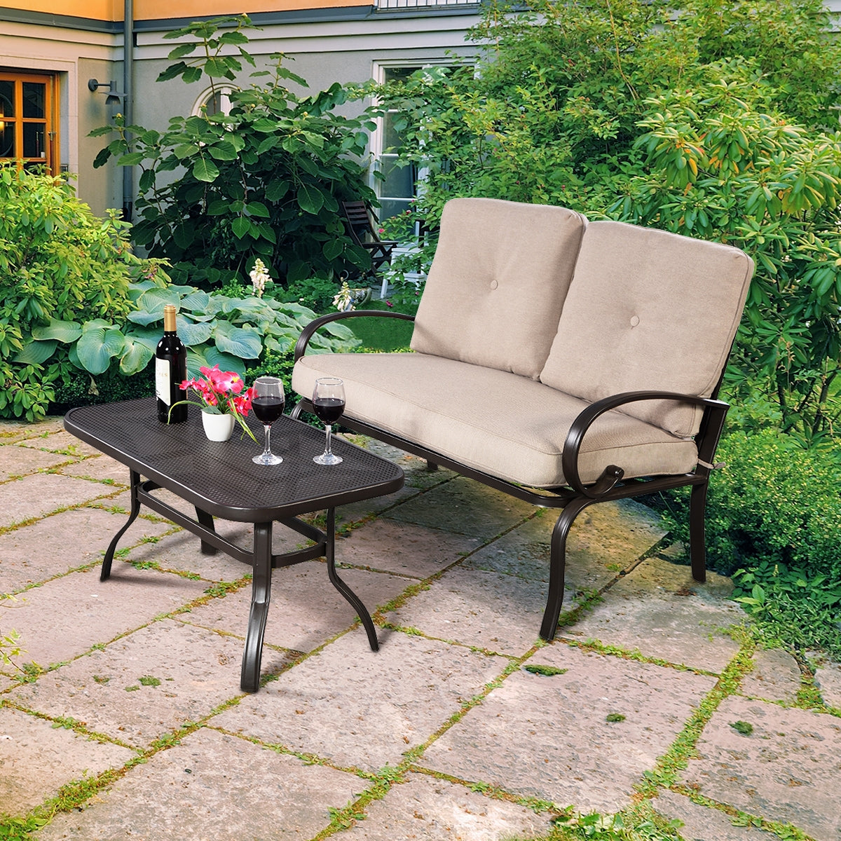 2-Piece Outdoor Cushioned Loveseat and Coffee Table Set - Beige