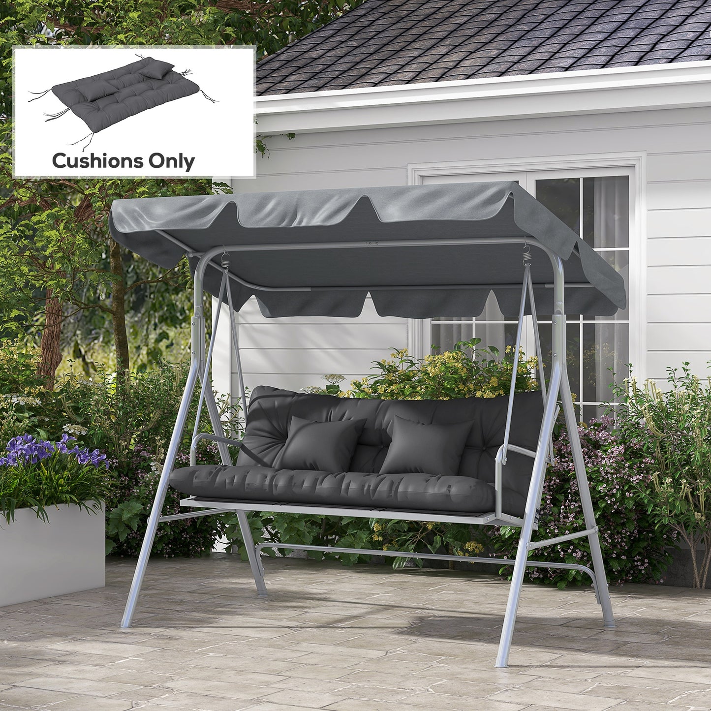 59" Tufted Outdoor Bench Cushion Set with Pillows - Charcoal Gray