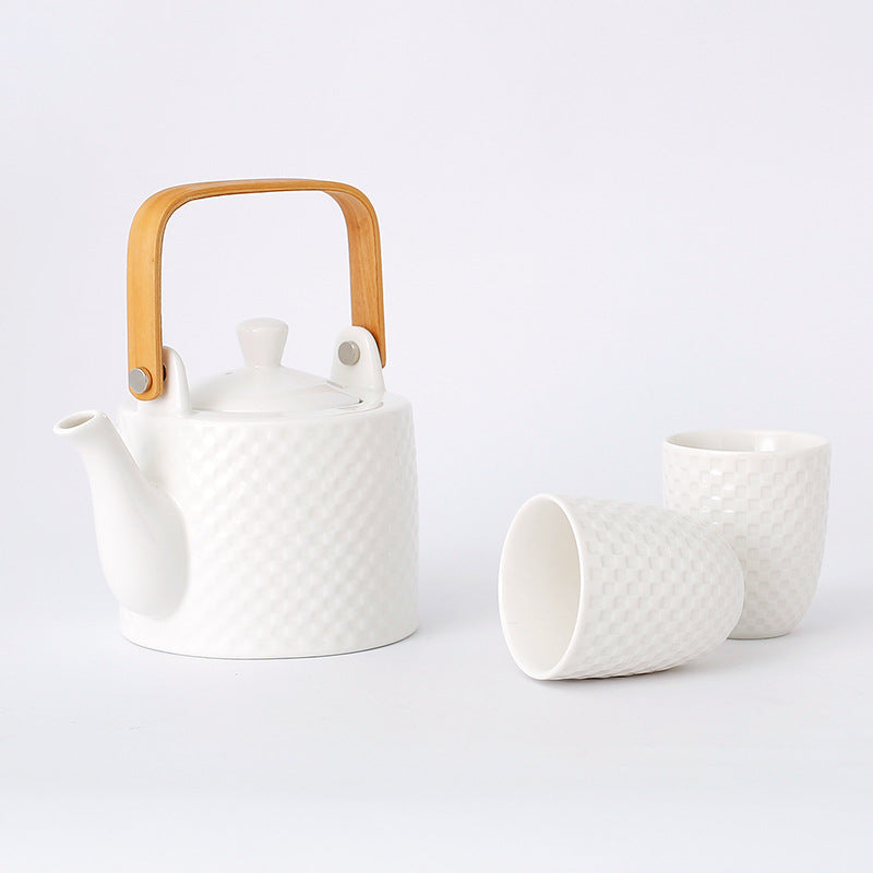 Japanese Ceramic Tea Set with Cups and Pot - White or Black Checkered Finish