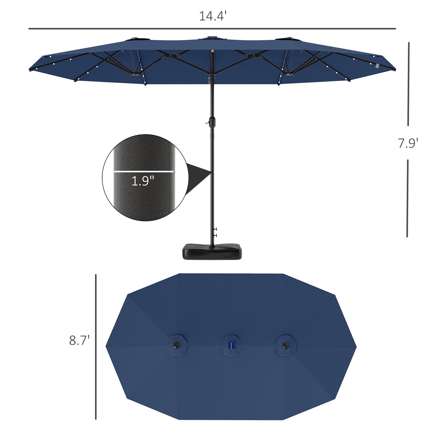 14.4ft Double-Sided Garden Parasol with Solar LED Lights - Navy Blue