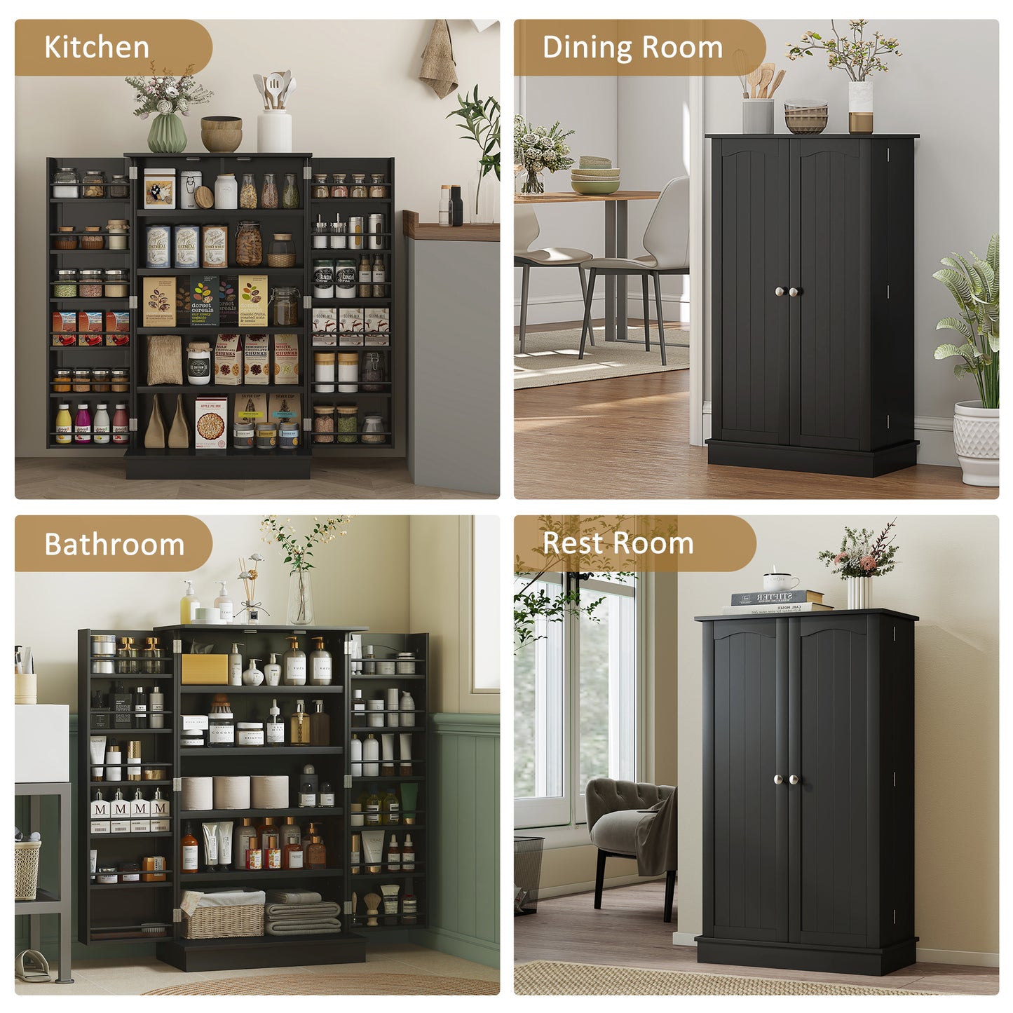 Freestanding Kitchen Pantry Cabinet with 5-Tier Shelving - Black