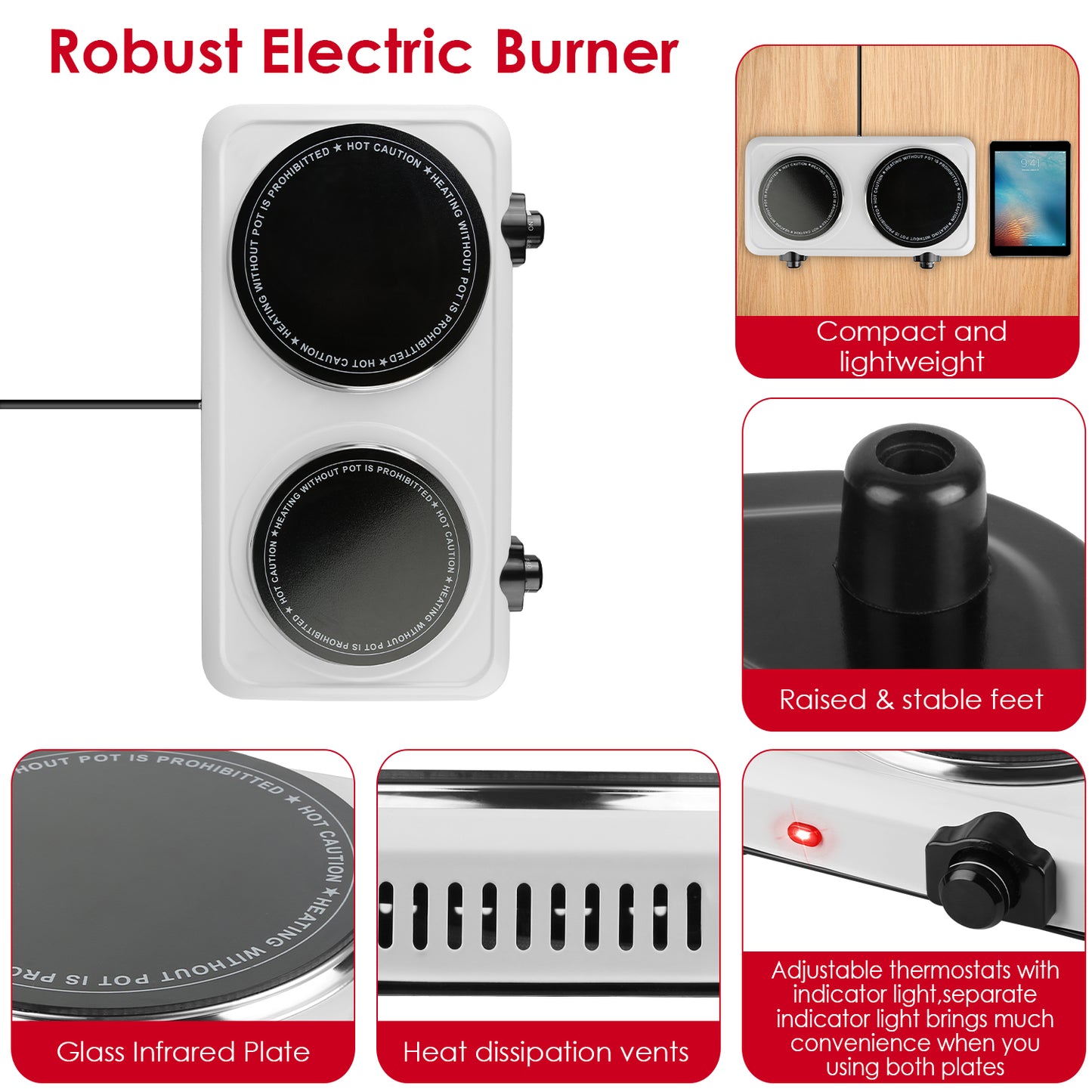 2000W Electric Infrared Dual Burner Hot Plate - Portable Cooking Stove