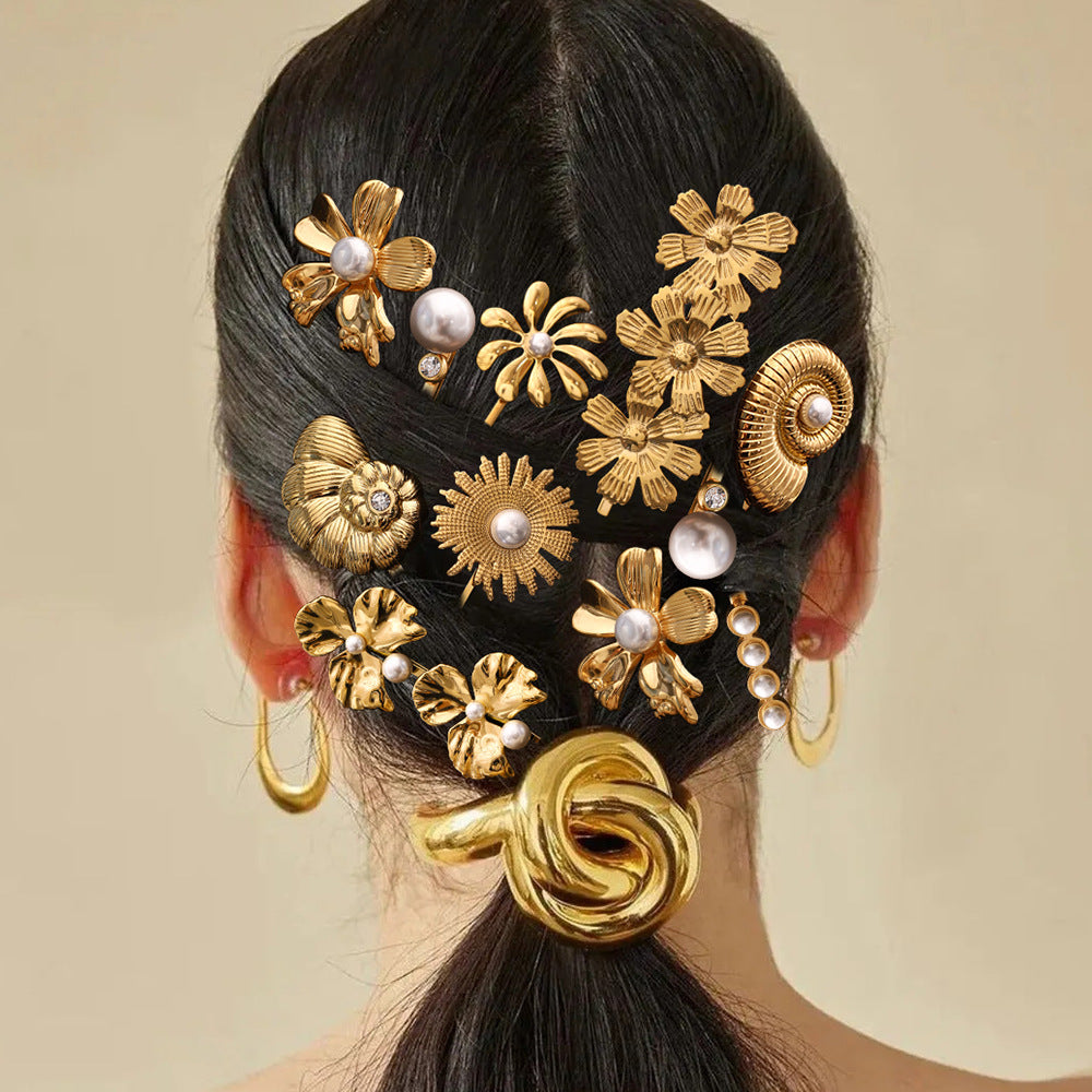 Women's Titanium Steel Barrettes - Pearl Flower Design, 3 Piece Set