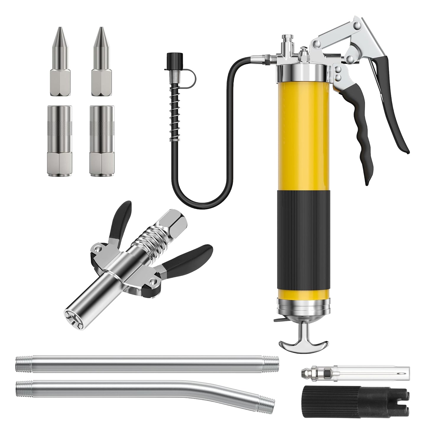 High Pressure Grease Gun Kit 7000 PSI with Flex Hose & Nozzles - 14oz