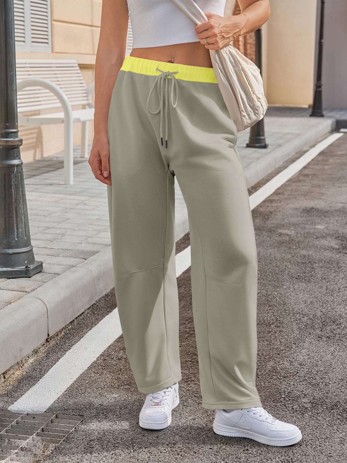 Wide Leg Sweatpants with Drawstring Waist and Pockets - Color Block