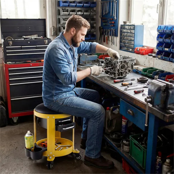 Rolling Workshop Creeper Seat with Padded Cushion & Drawers
