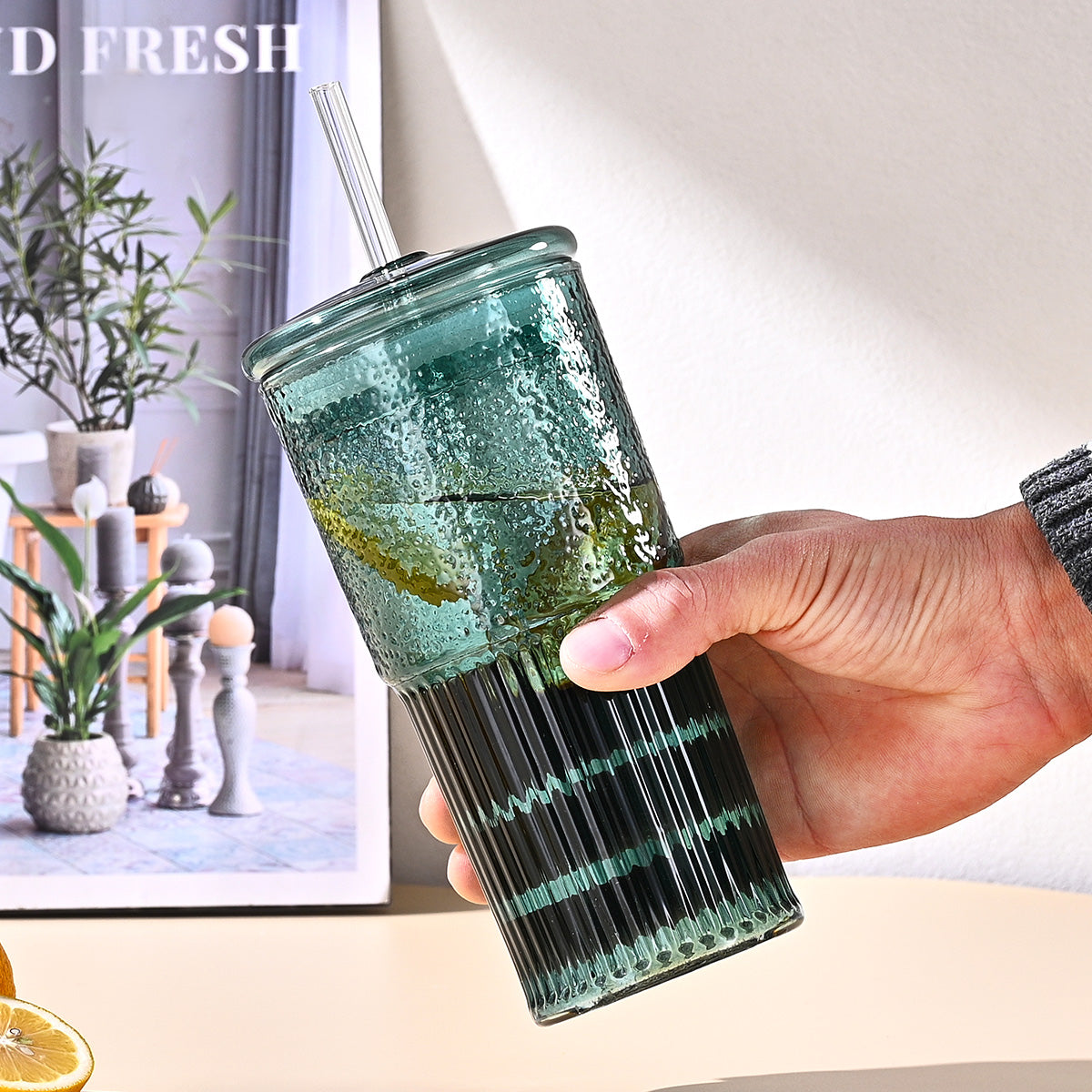 20 Oz Green Glass Straw Cups - Set of 2 with Lids