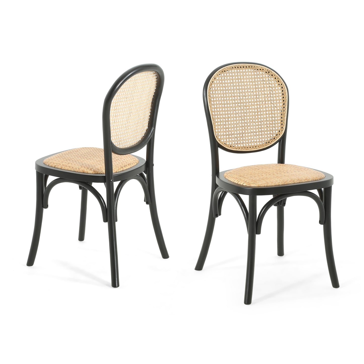 Black Dining Chairs Set of 2 - Retro Style with Foam & Rattan
