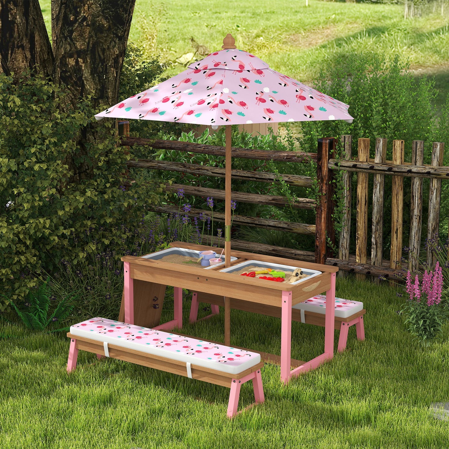Kids Picnic Table Set with Umbrella & Removable Cushions - Pink Flamingo