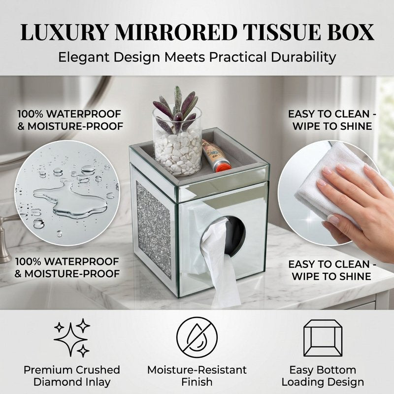 Mirrored Crushed Diamond Tissue Box Cover Square Glass Bathroom Decor Silver
