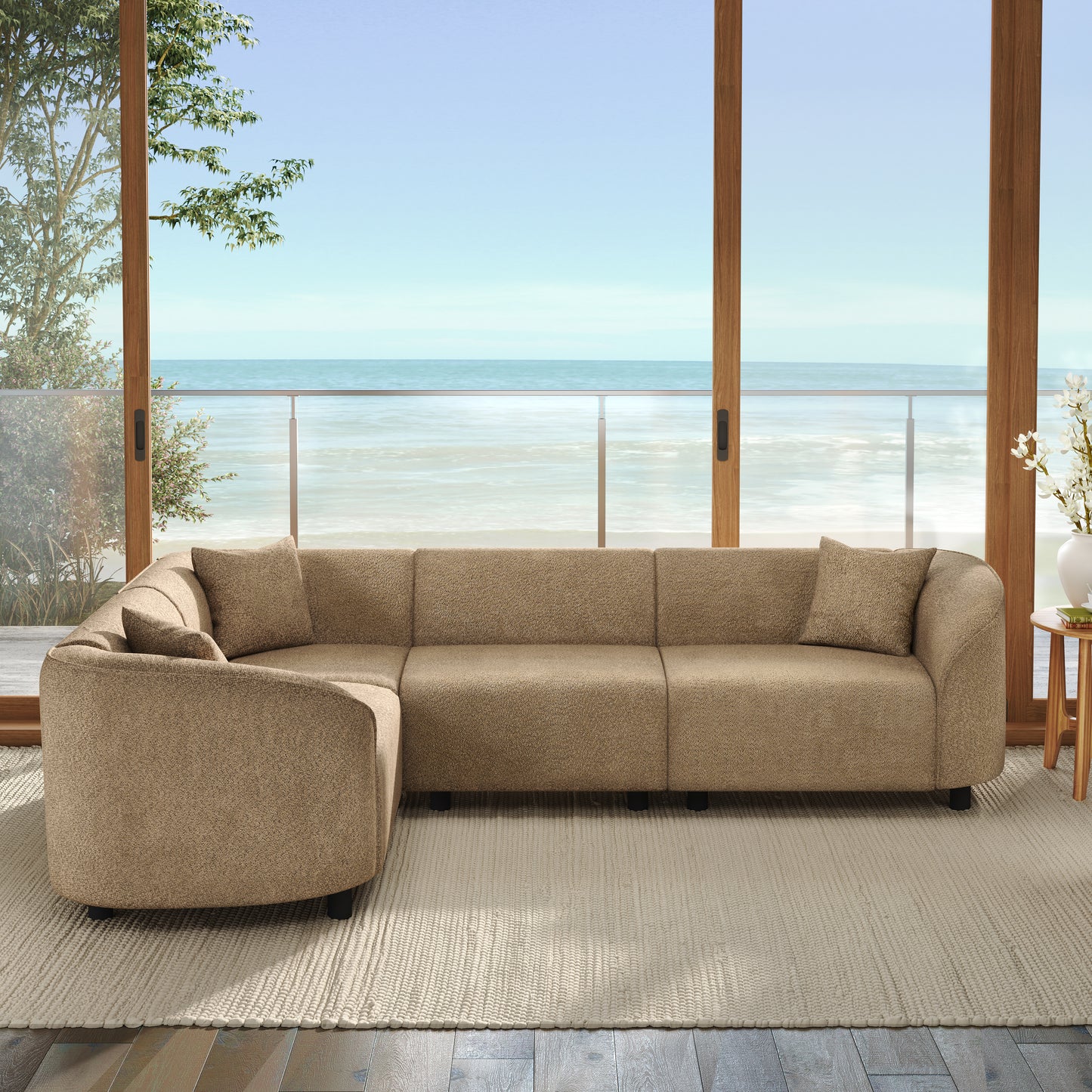 104" L-Shaped Sectional Sofa - Brown Bouclé, 4-Seater Design