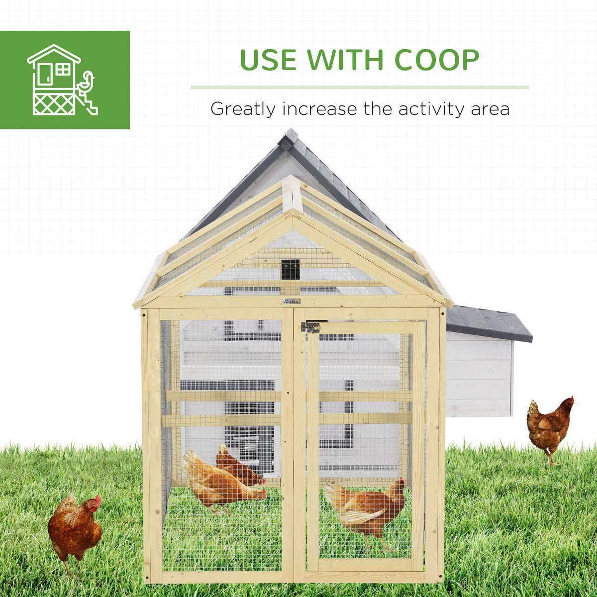 Wooden Chicken Run with Perches - Combinable Design, Natural Wood, 830x380x560mm