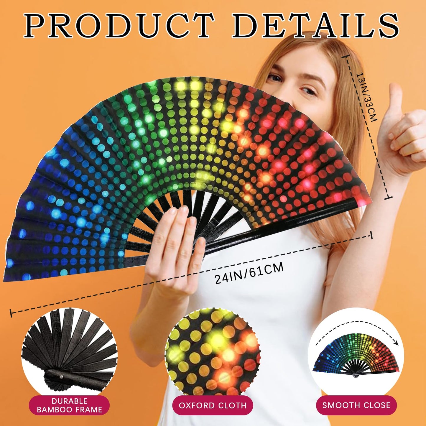 Large UV Glow Folding Fan - Bamboo Hand Fan with Polka Dots