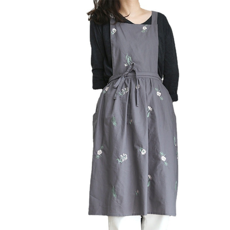 Simple Embroidery Cotton Kitchen Apron - Flower Pattern, Multiple Colors