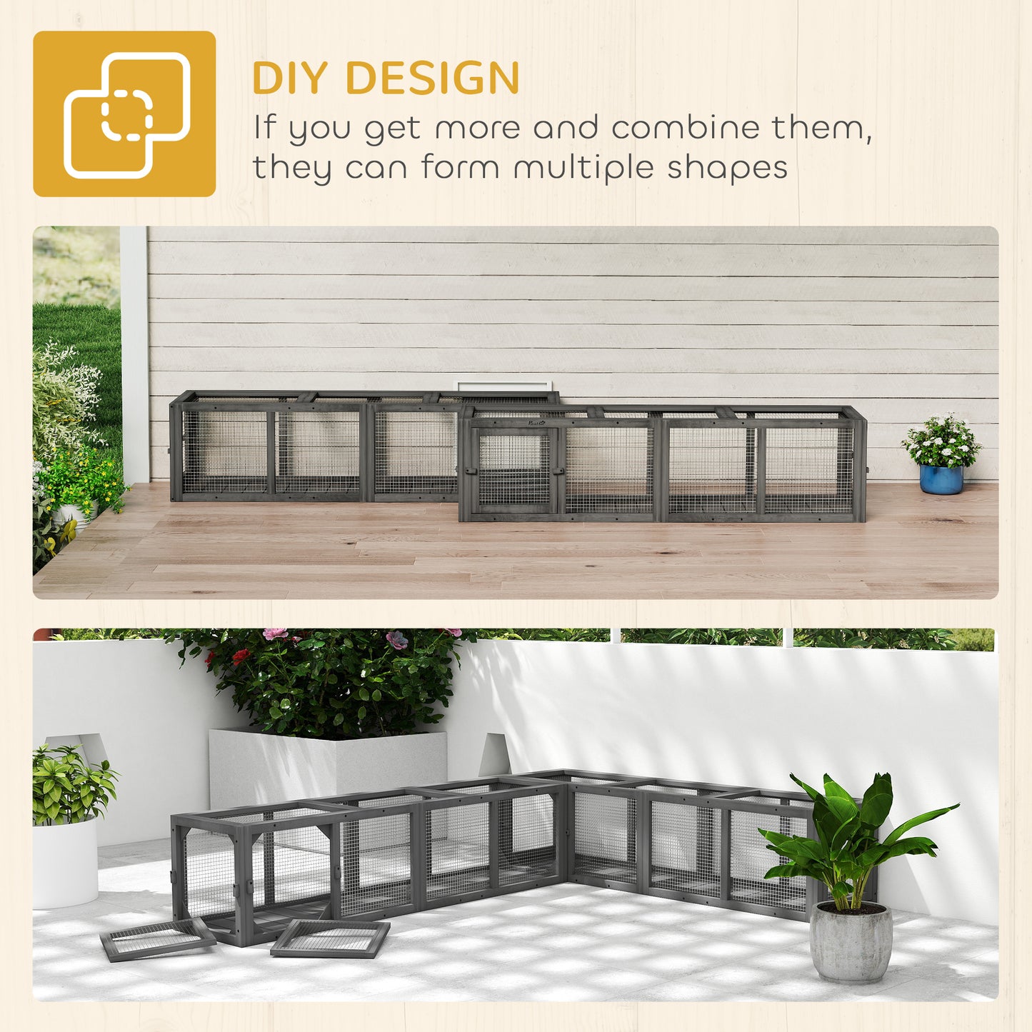Extendable Outdoor Cat Tunnel with 3 Doors - Gray Wooden Pet Play Enclosure 59 Inches