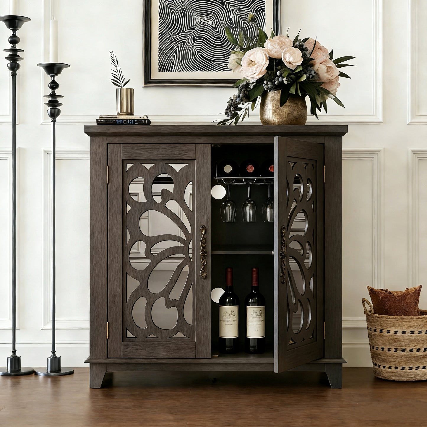 Elegant Sideboard With 2 Acrylic Mirrored Doors And Buffet Storage,