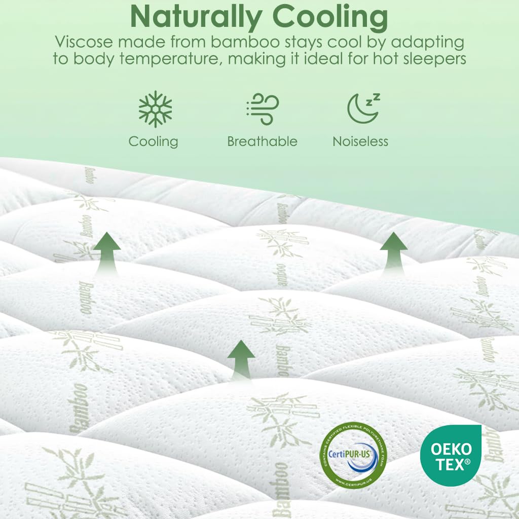 Cooling Bamboo Mattress Topper - Soft Pillow Top & Deep Pocket