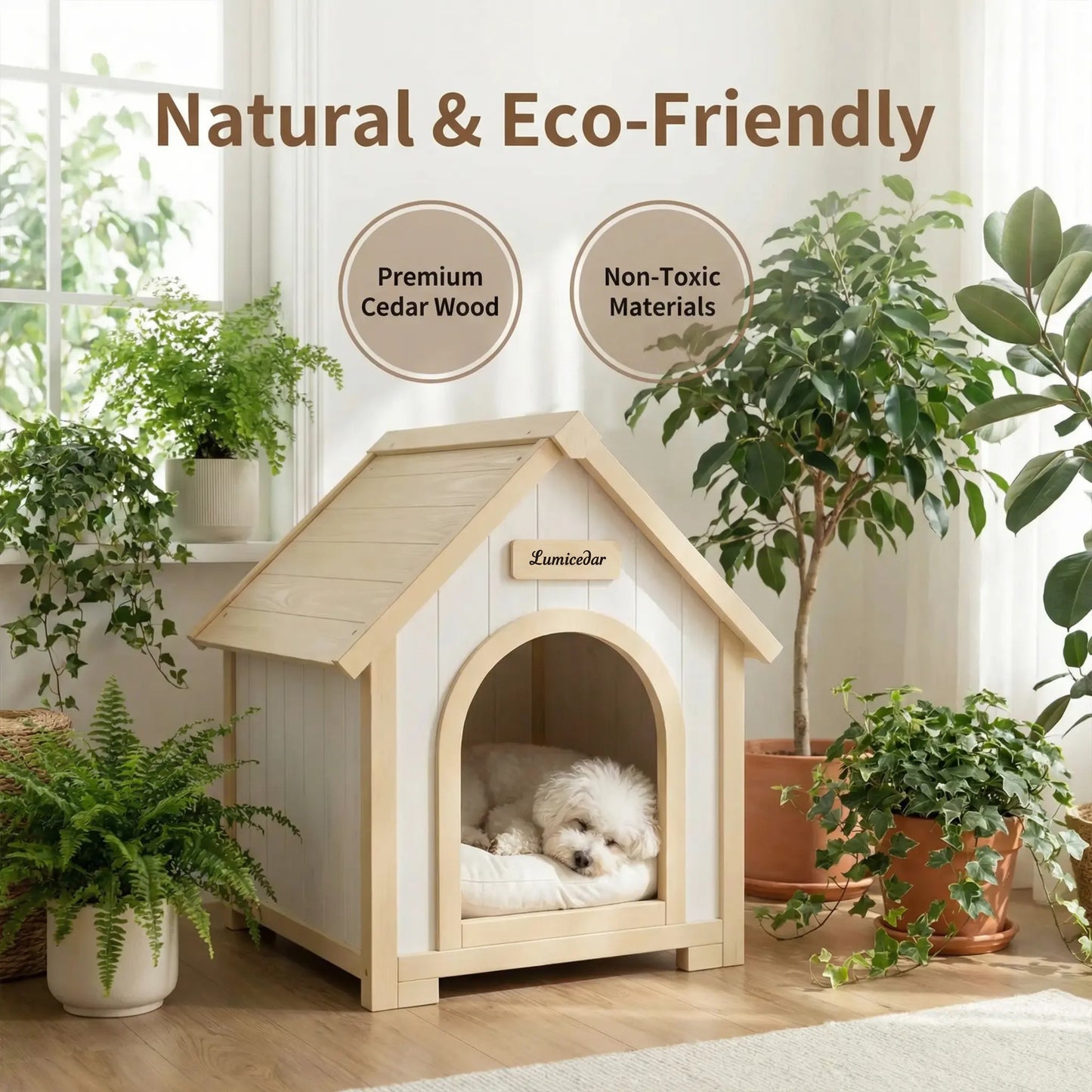 Indoor Wooden Dog House with EVA Cushion - Small Pet Shelter in Creamy White