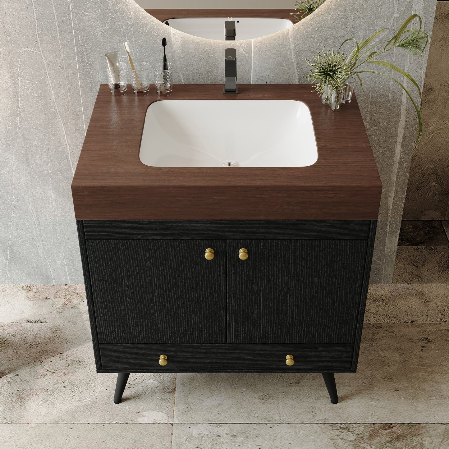 Free-Standing Bathroom Vanity with Faux Marble Top & Sink - 30"