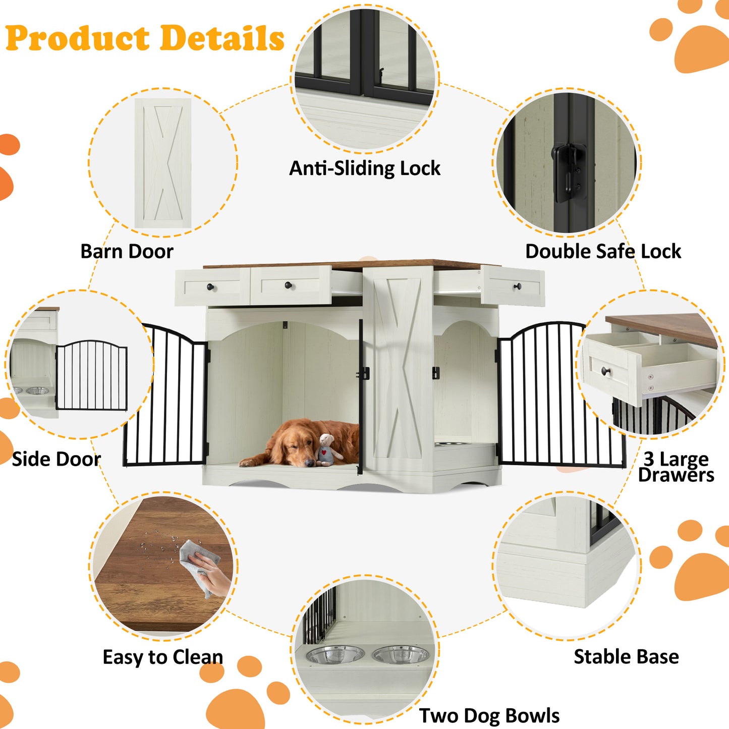 Farmhouse Dog Crate Furniture with 3 Drawers - Beige Brown