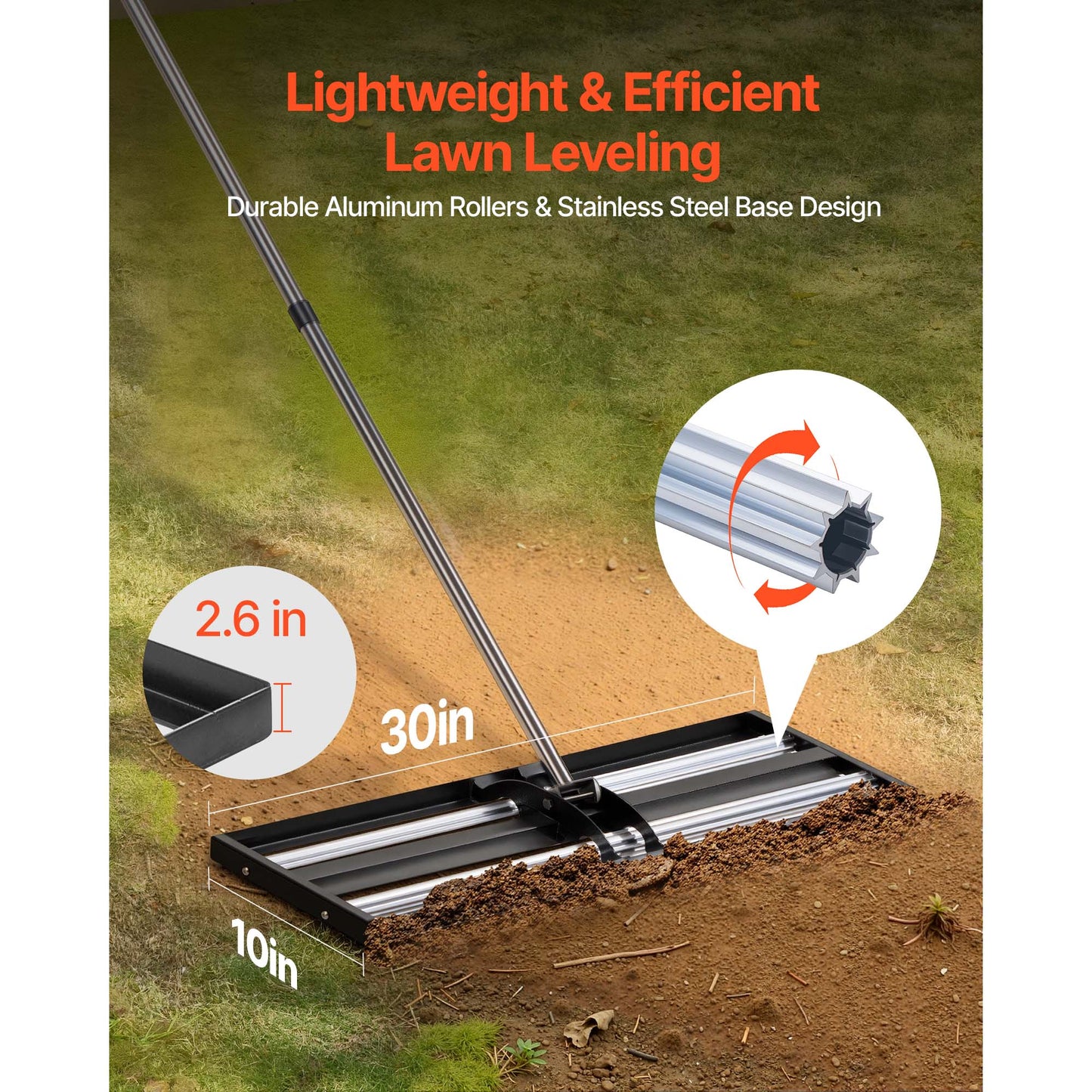 Heavy Duty Lawn Leveling Rake with Roller - Stainless Steel Yard & Golf Course Tool