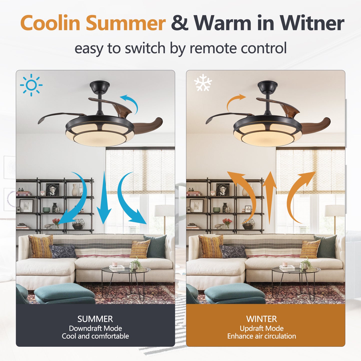 Retractable Ceiling Fan with Light - Modern LED Chandelier Fan