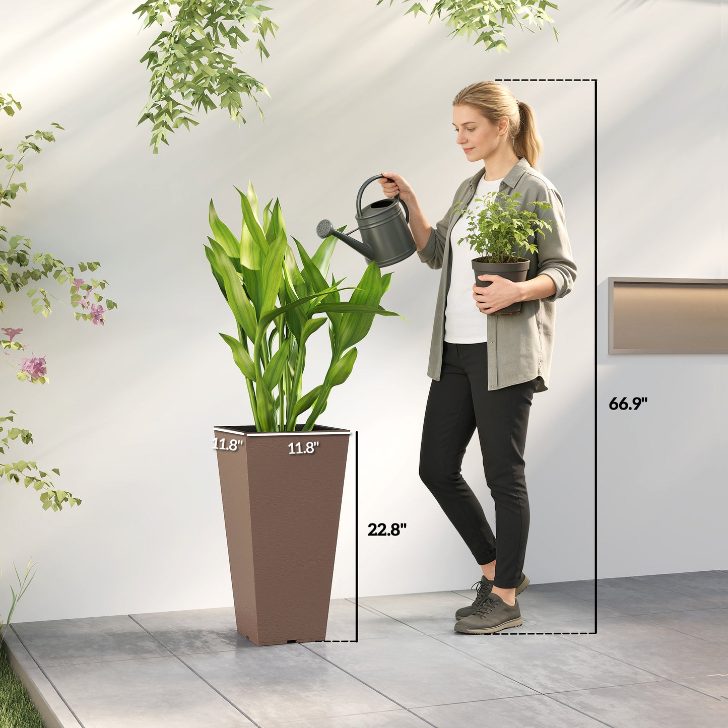 Tall Outdoor Plant Pots Set of 2 - Brown Plastic Flower Planters for Garden & Patio