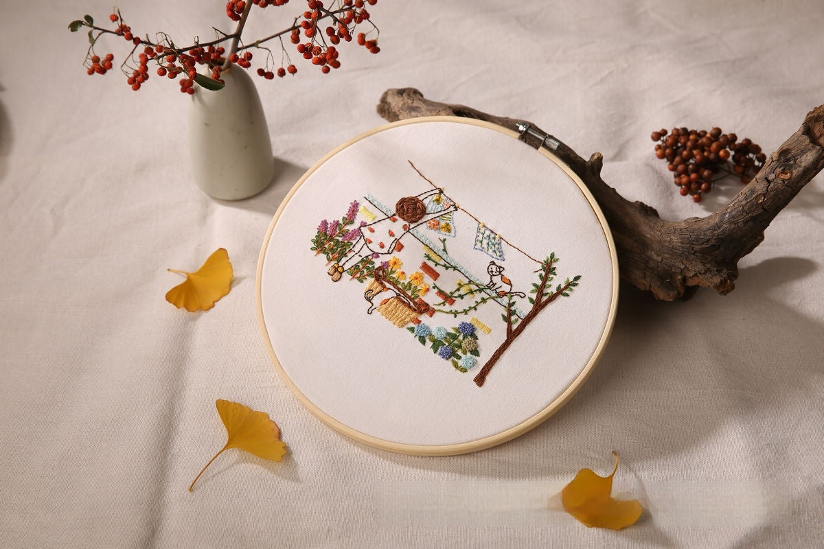 DIY Embroidery Fabric Kit with Flowers and Grass Materials for Cross-Stitch Crafts