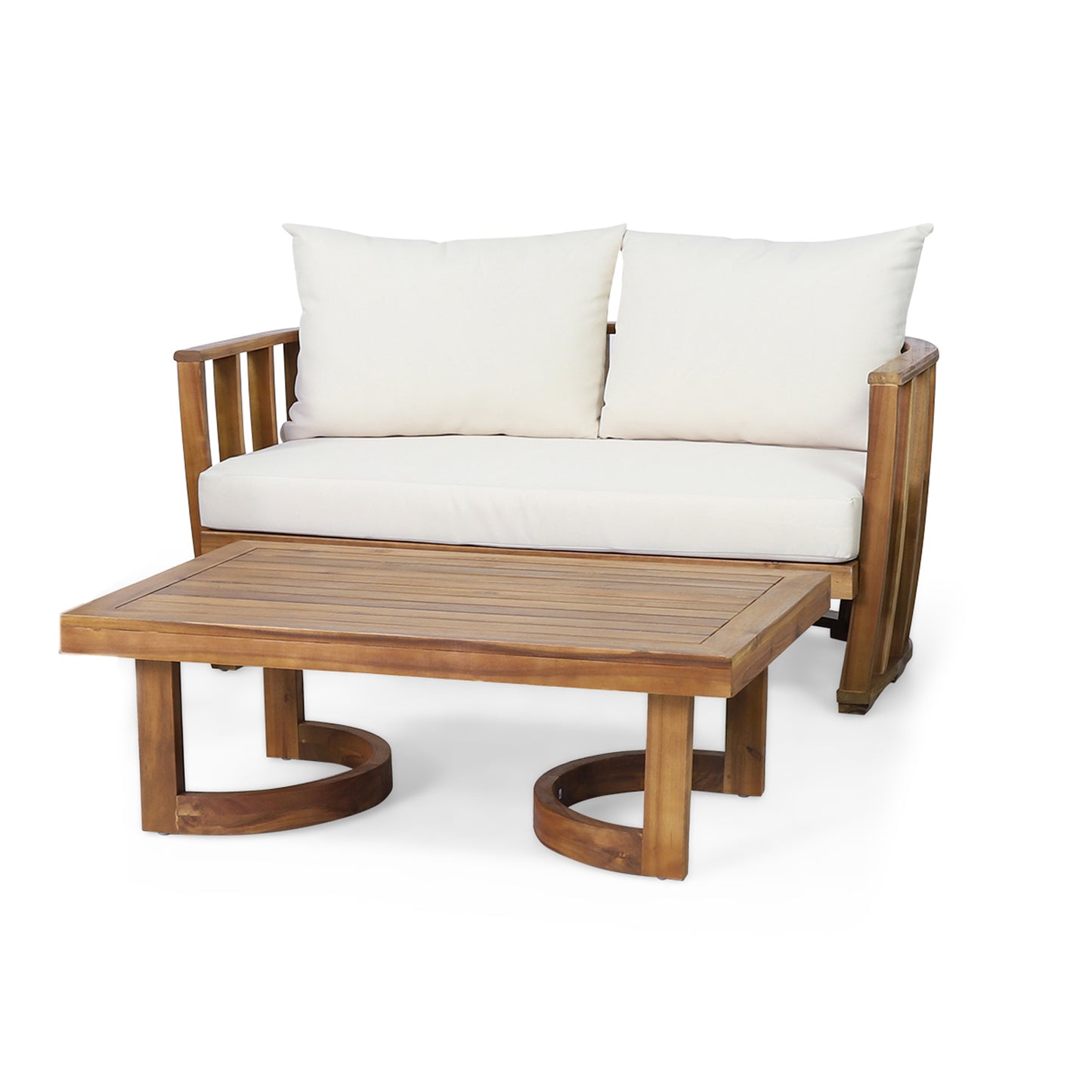 Outdoor Acacia Wood Loveseat And Coffee Table Set With Cushions,