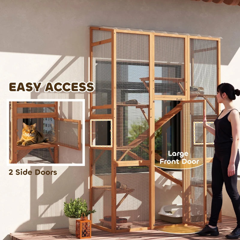 Large Wooden Outdoor Cat Enclosure with 6 Jumping Platforms & Scratching Post
