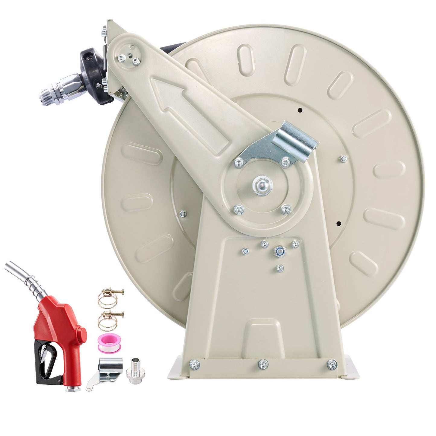 Heavy-Duty 1 Inch x 50 Ft Retractable Fuel Hose Reel with Swivel and Rubber Hose