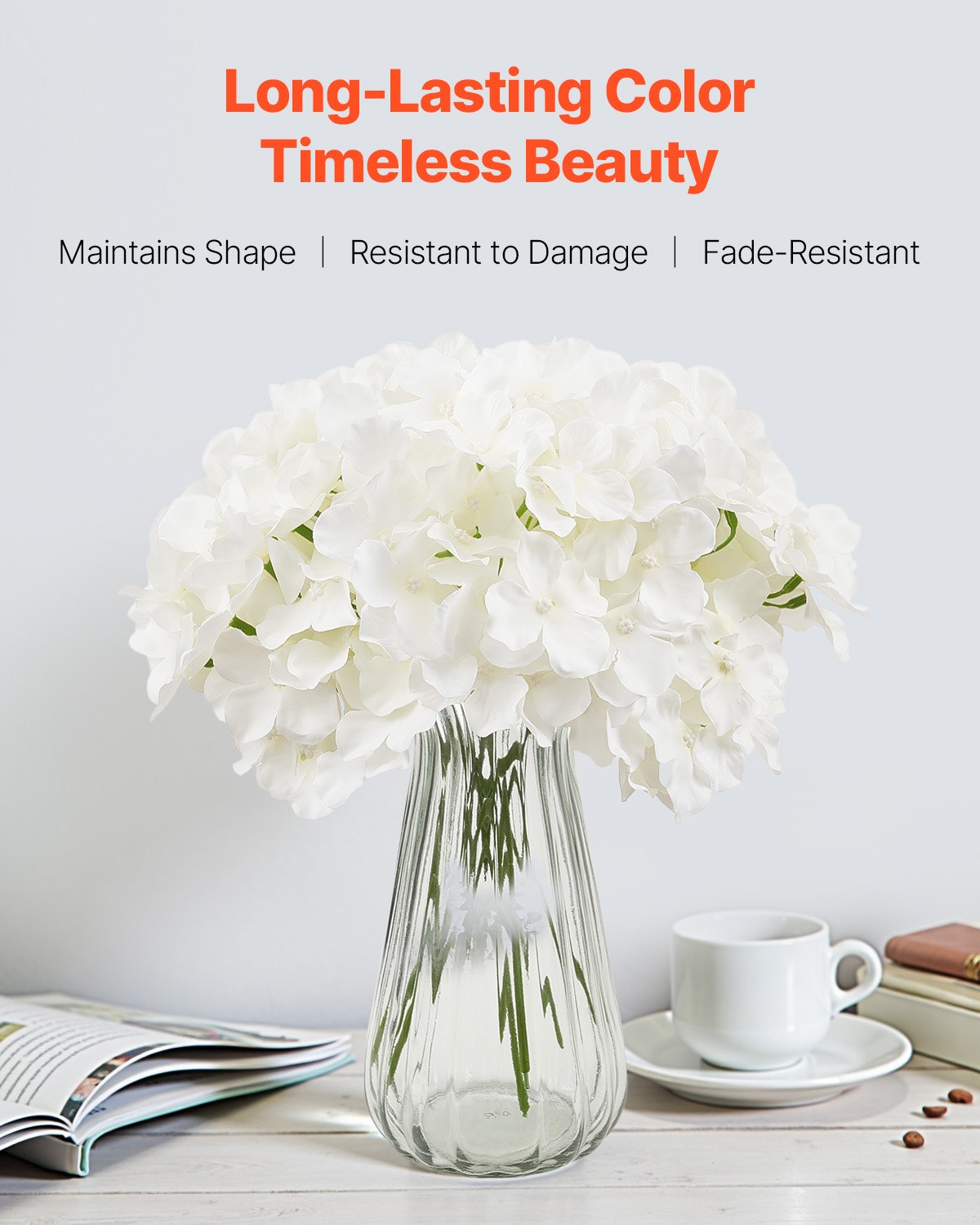Artificial Hydrangea Flowers Bouquet - White, 9.8 Inches, Faux Floral Arrangement