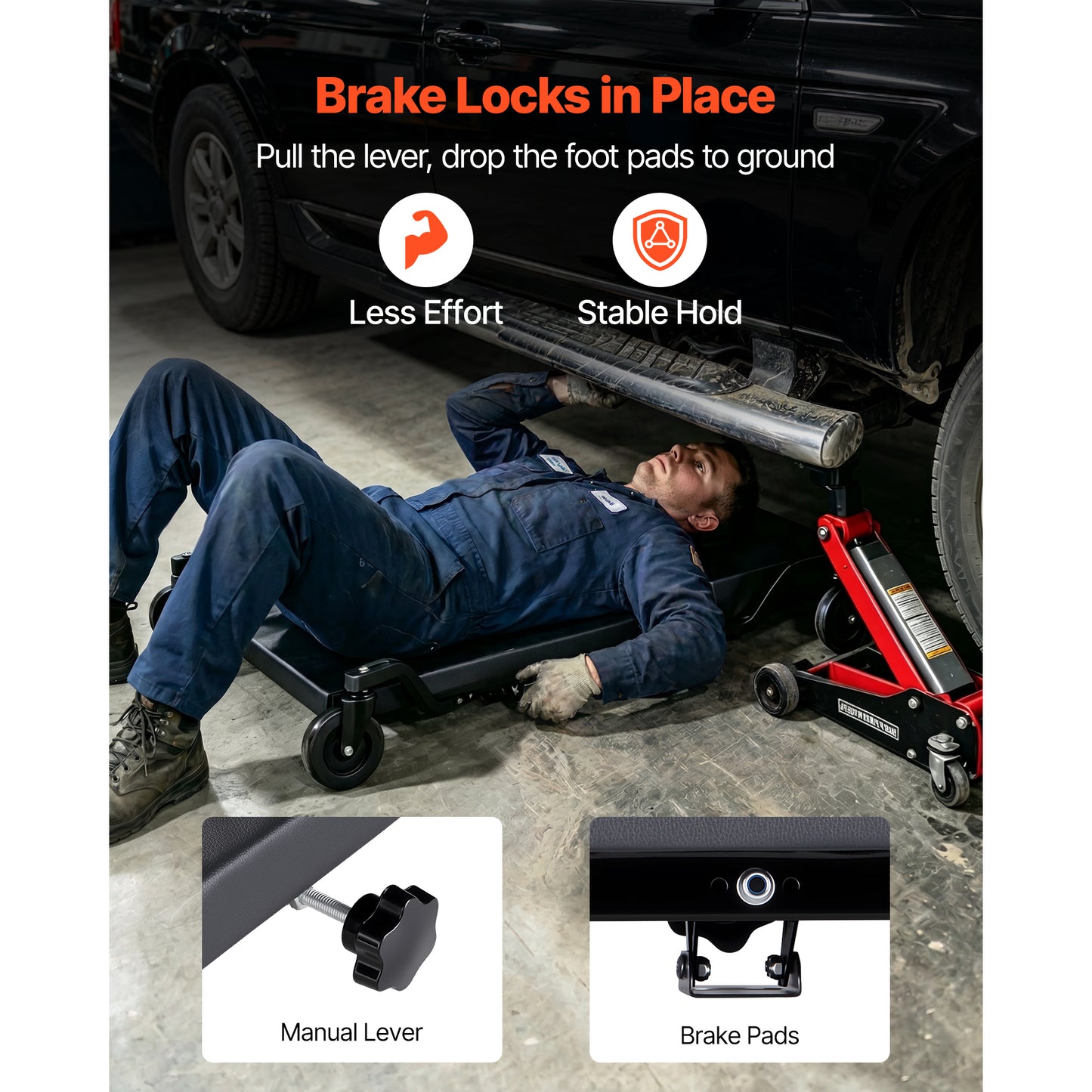 40-In Mechanic Creeper with 4 Large Wheels, Low Profile Car Repair Roller, Adjustable Headrest