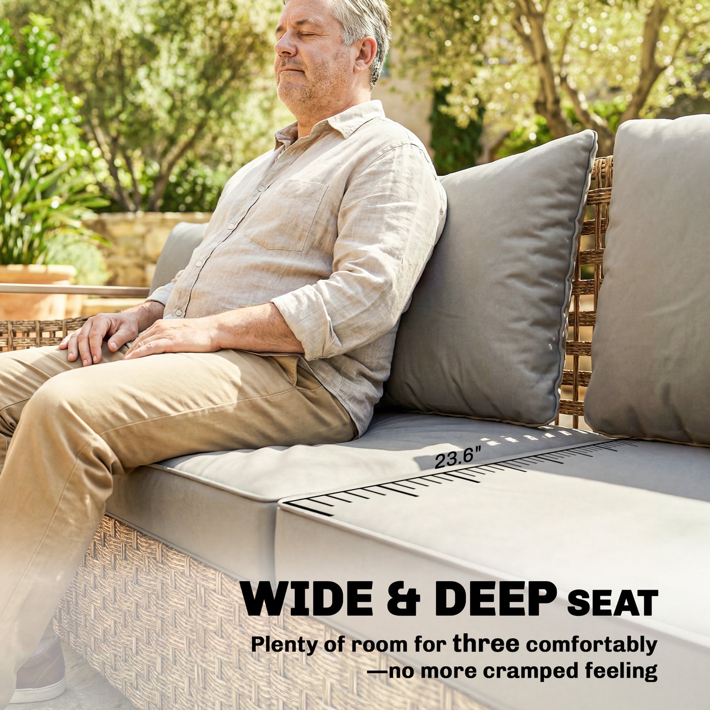 3-Seater Outdoor Rattan Wicker Sofa with Cushions - Gray