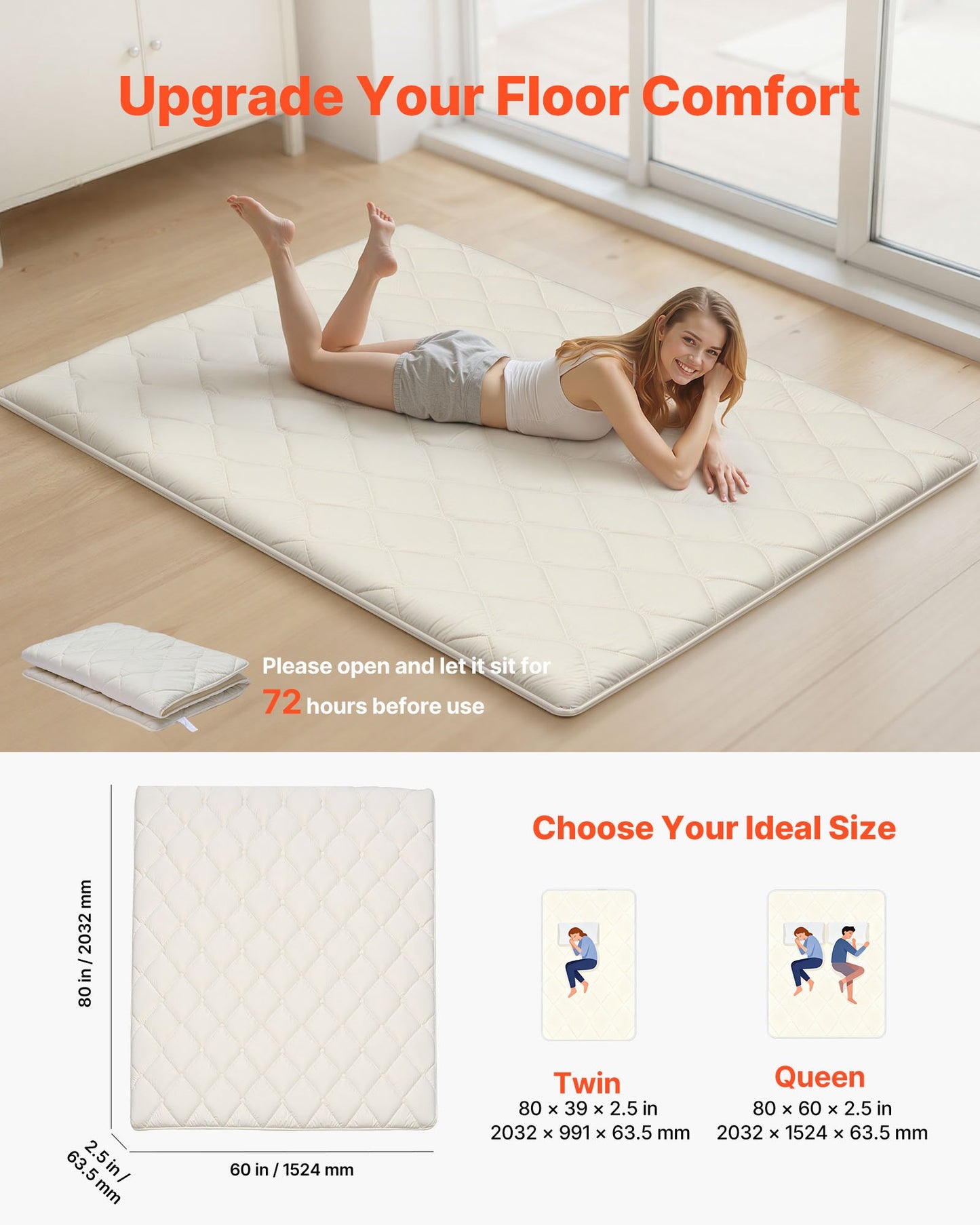 Foldable Japanese Tatami Mattress Queen Size with Storage Bag, 9-Layer Support, White