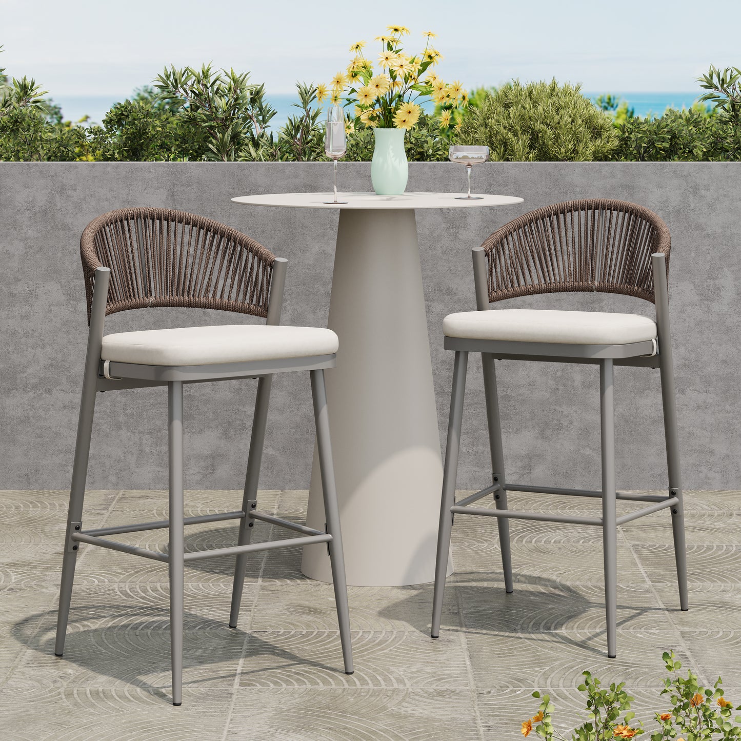 Outdoor 30.25 Seat Height Metal Frame Barstools With PE Rattan