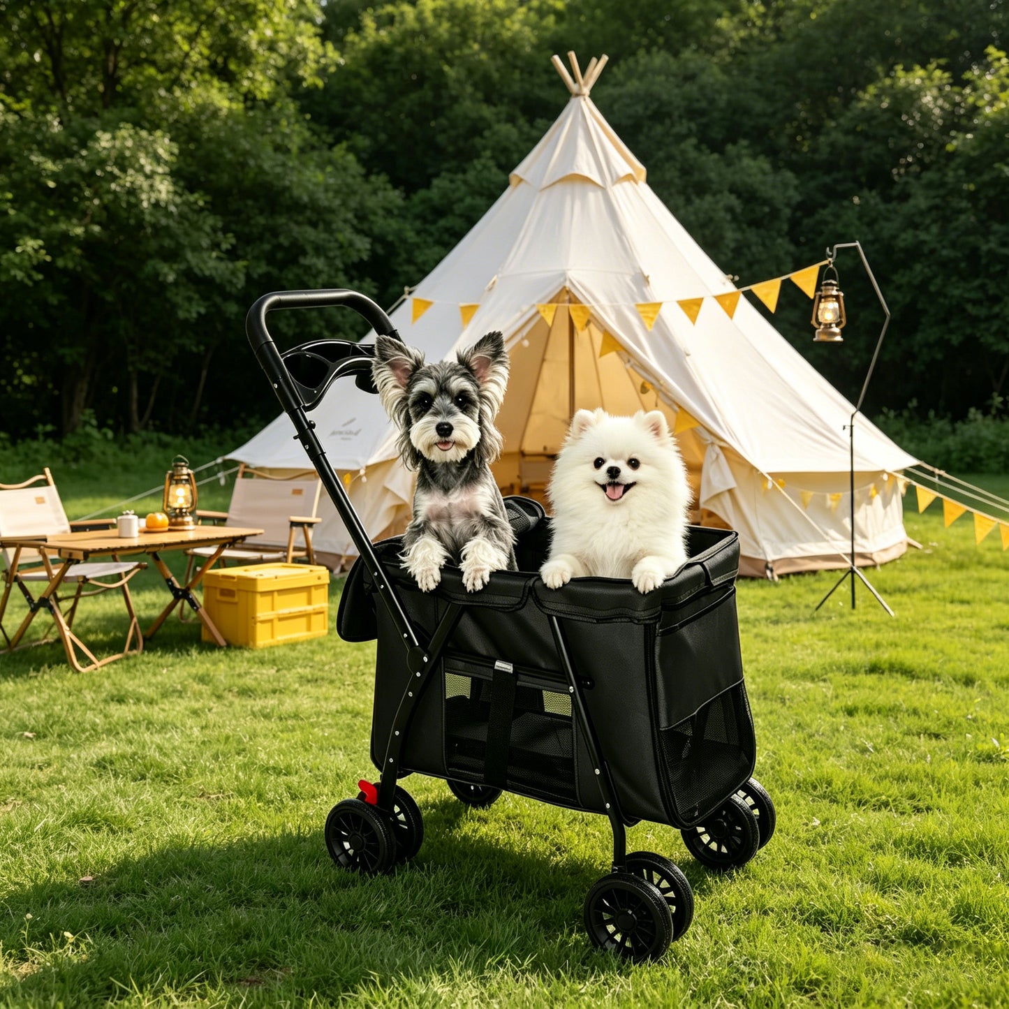 Foldable Pet Stroller for Small Medium Dogs Cats with Mesh Sides & Safety Leashes