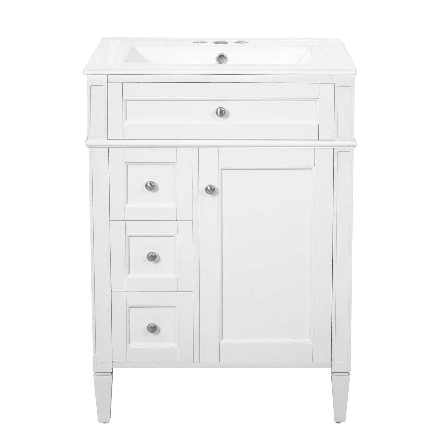 24-Inch Modern Bathroom Vanity with Ceramic Sink & 3 Drawers - White