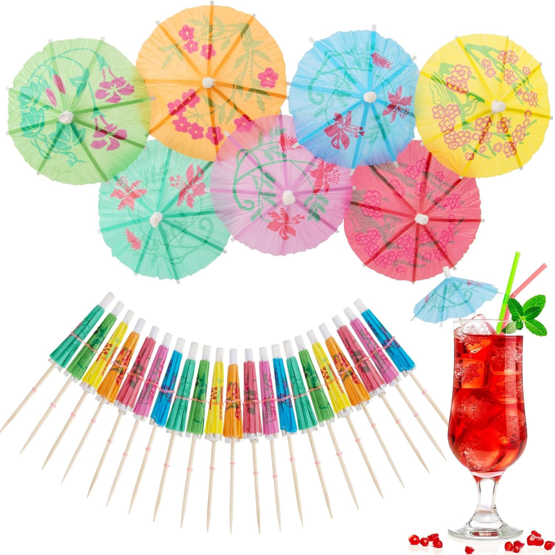 Colorful Umbrella Toothpicks - 50 Tropical Cocktail Picks