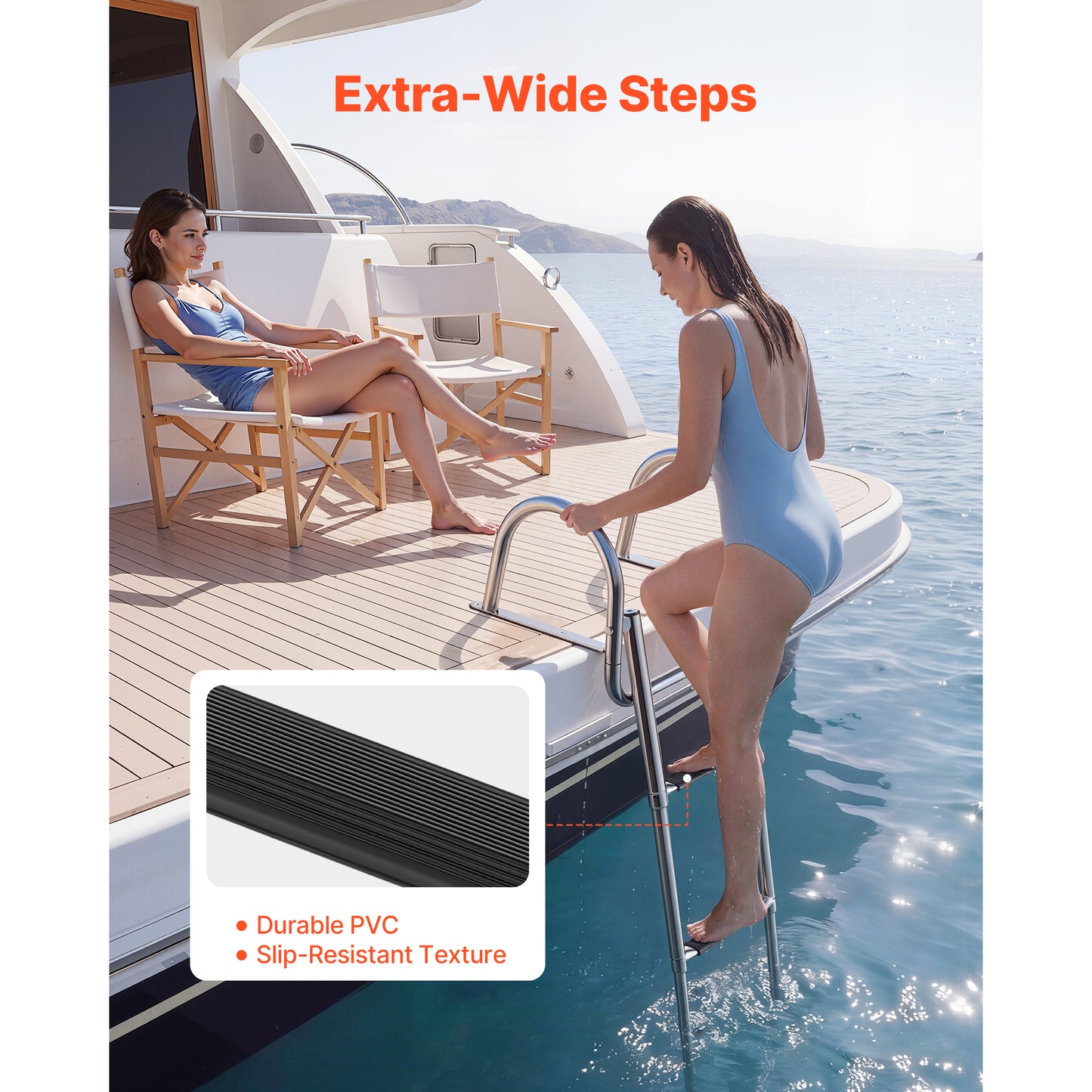 Boat Ladder 3 Steps Stainless Steel Telescoping Folding Swim Deck Ladder for Outboard & Yacht