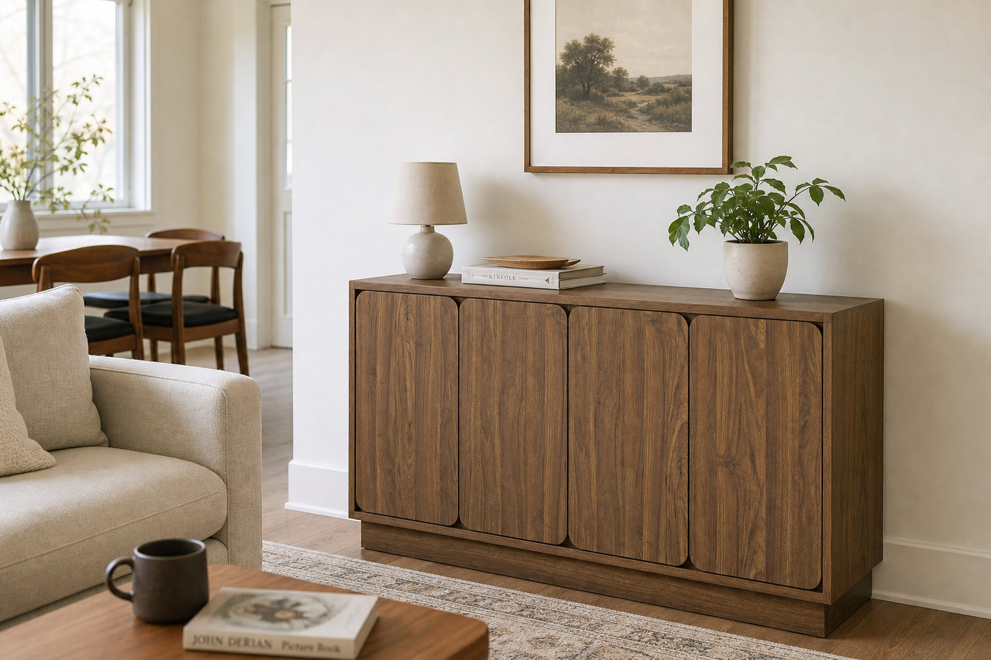 59.1" Walnut 4-Door Sideboard Buffet Cabinet with Adjustable Shelves