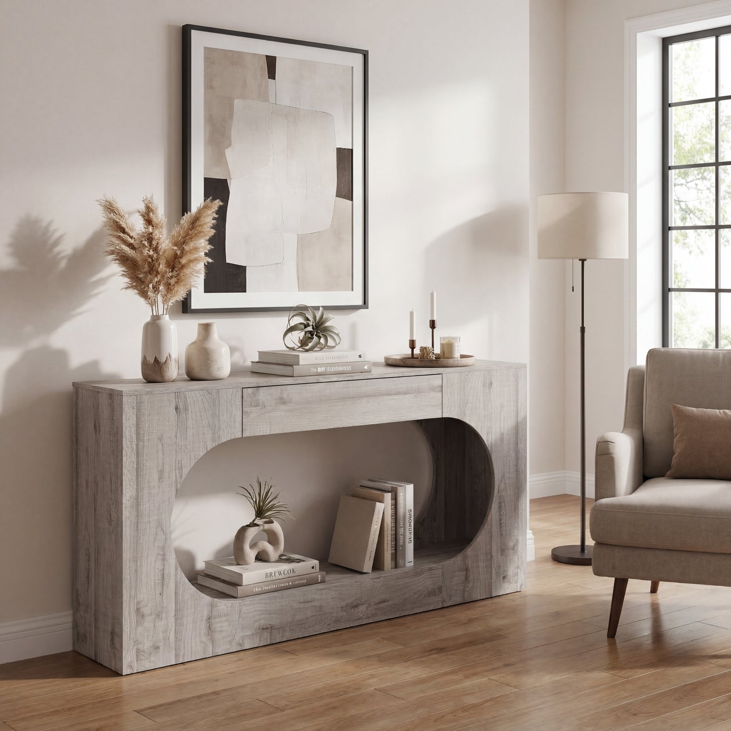 Grey Wood Grain Console Table with Storage Drawer - 63"
