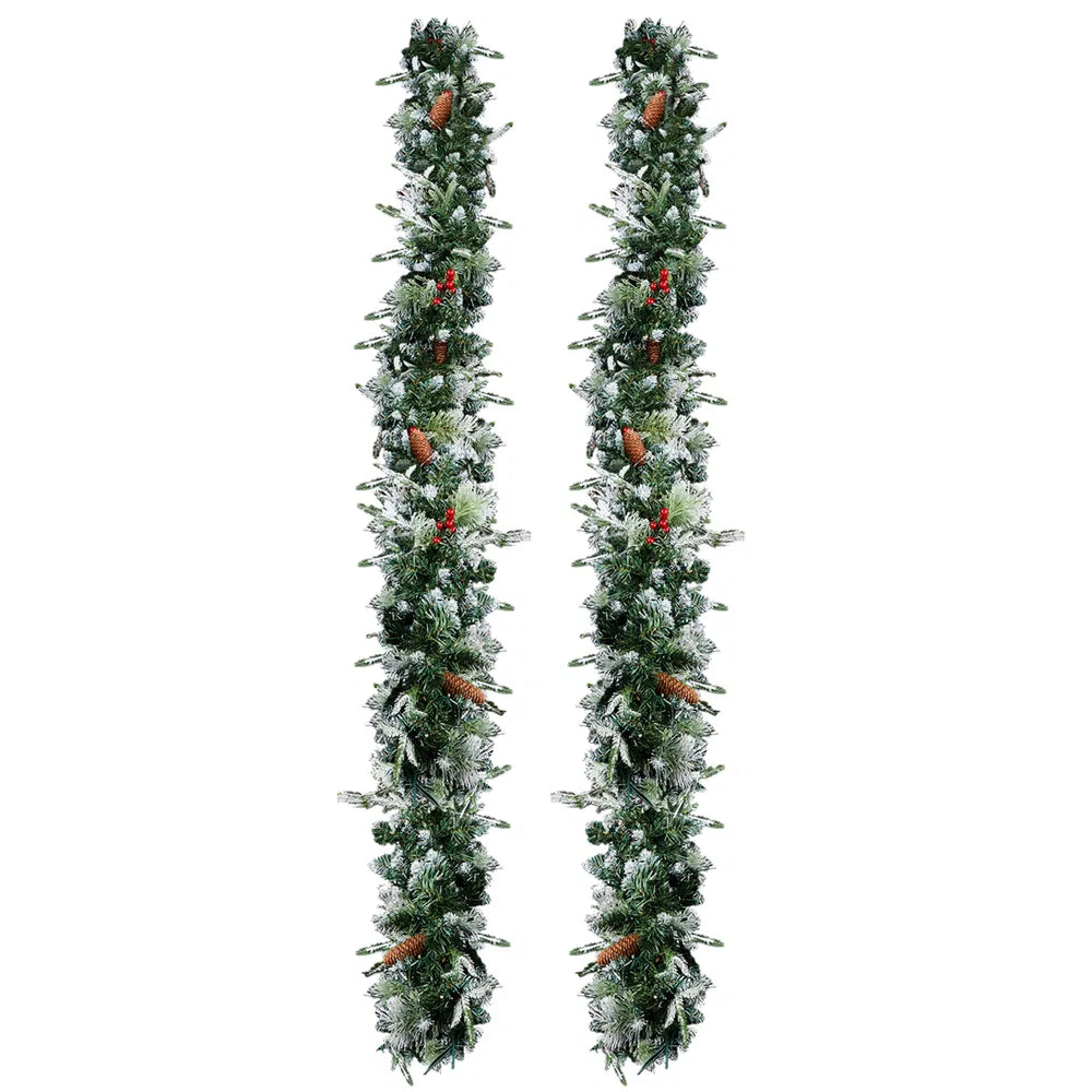 9FT Pre-Lit Snow Flocked Christmas Garland - 2 Pack with 200 Lights & Red Berries