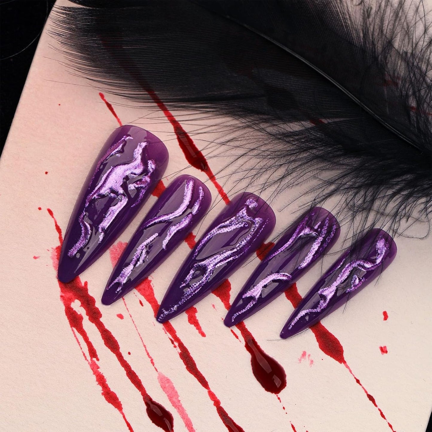 Long Stiletto Press-On Nails - Purple Glitter Devil's Claws 24-Piece Set