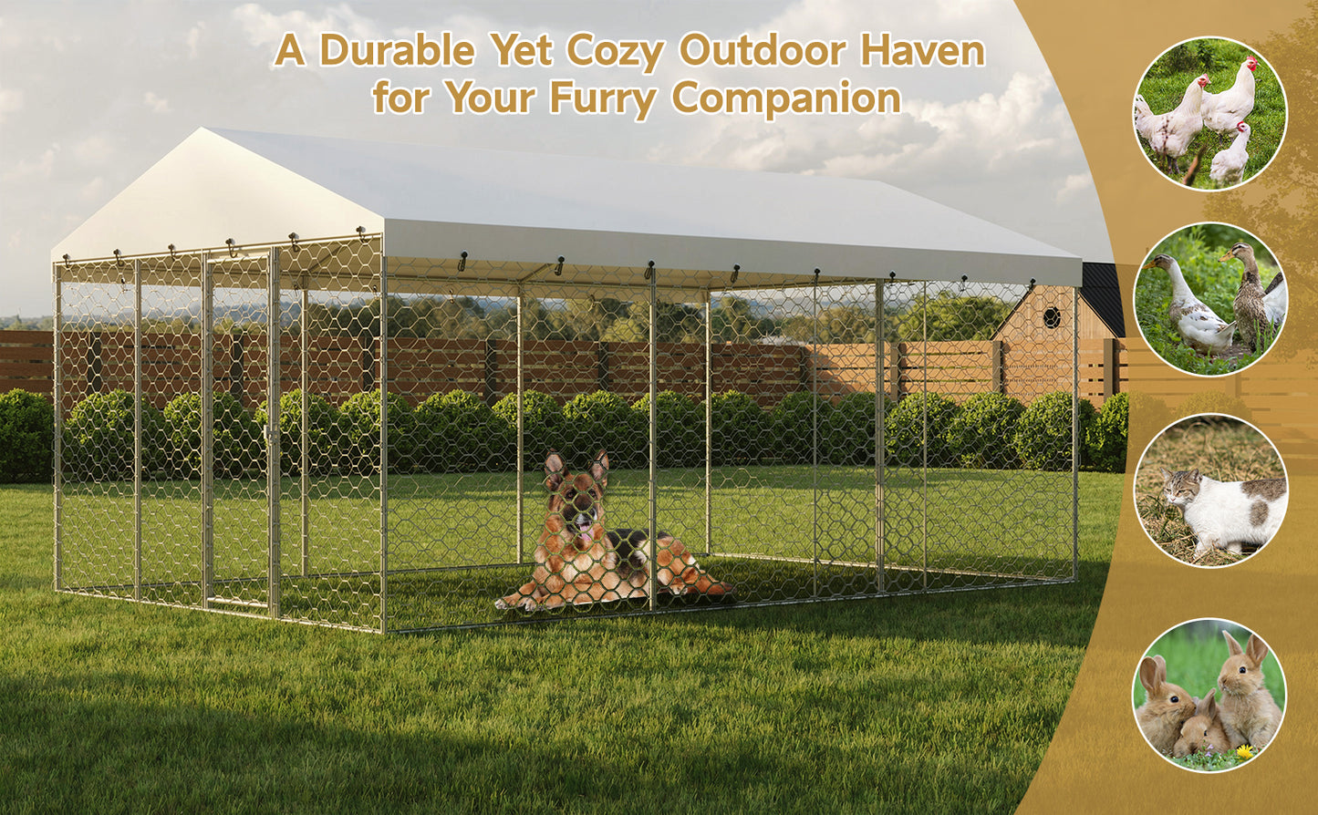 Large Outdoor Dog Kennel with Canopy - Heavy Duty Galvanized Steel Frame, Waterproof Cover, Escape-Proof Locking Pet Pen for Large Dogs