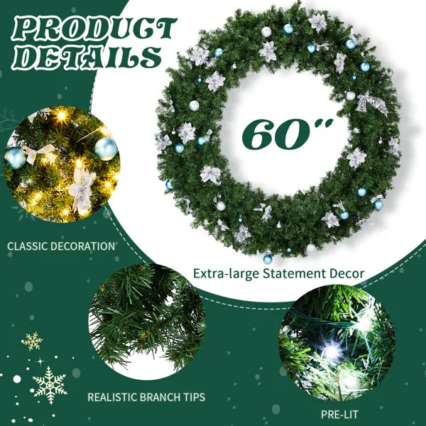60-Inch Lighted Artificial Christmas Wreath with 220 LED Lights
