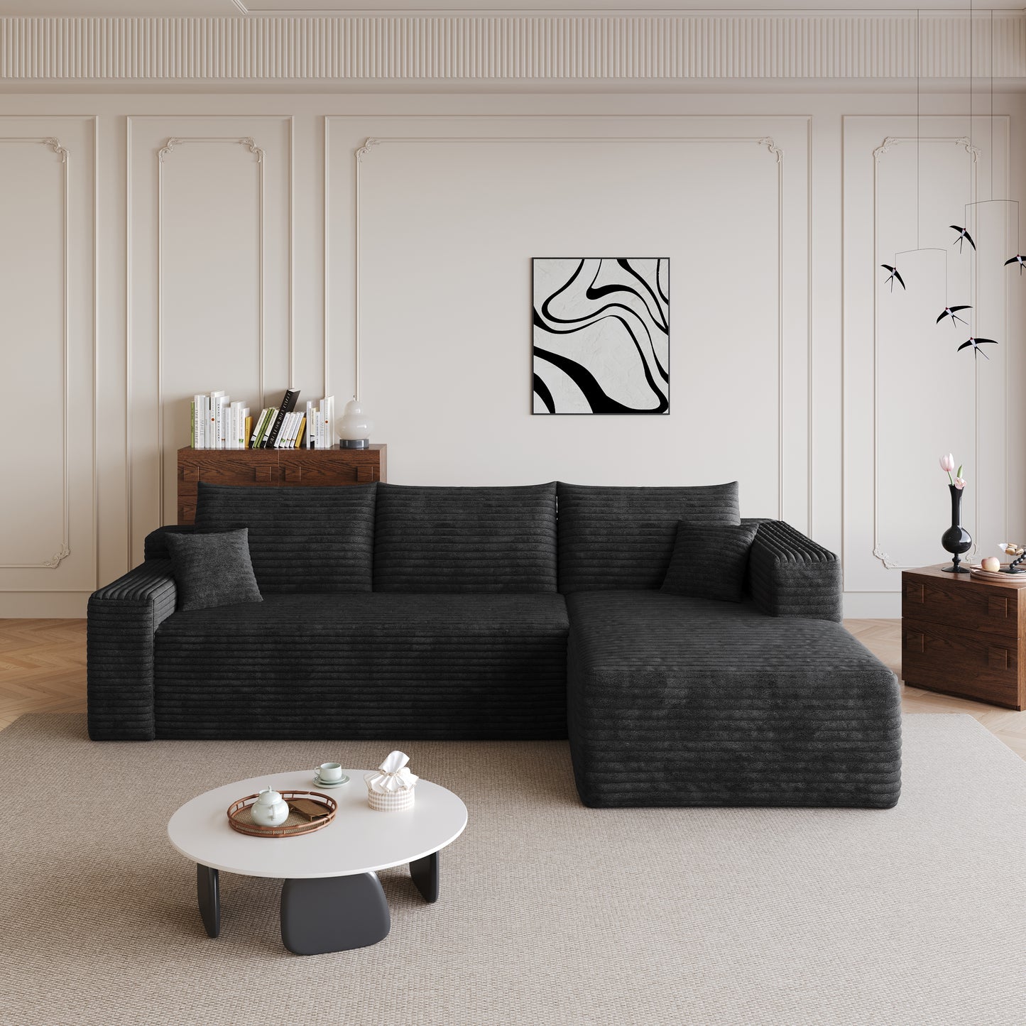 95" Cloud Sectional Sofa - Modern U Shaped Couch in Black Fabric