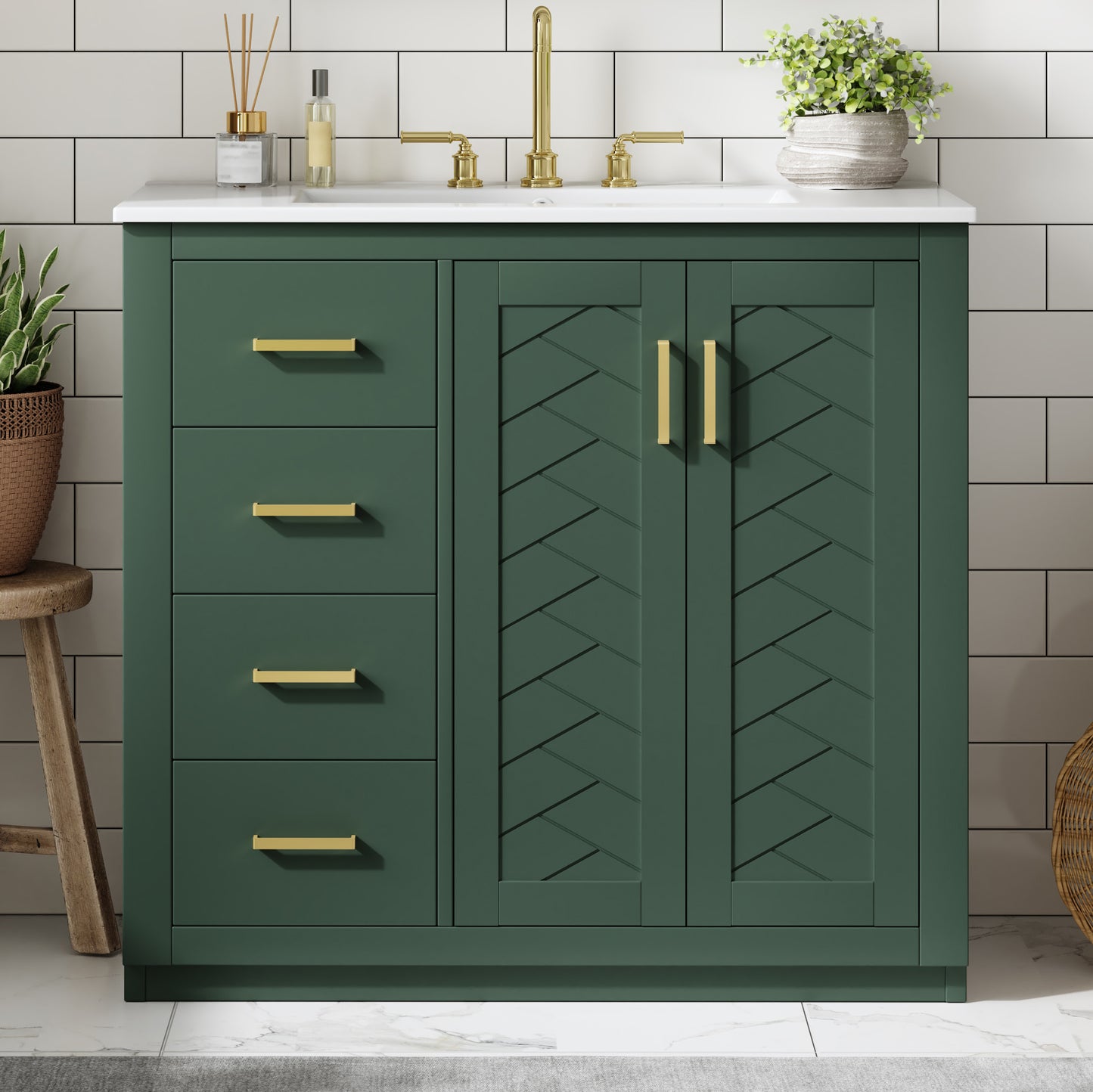 36-Inch Green Bathroom Vanity with Ceramic Sink & Storage Cabinet